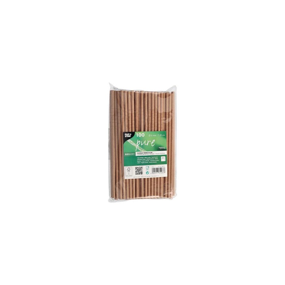 PAPSTAR Sugrör PURE papp böjbar 20cm brun 100/fp