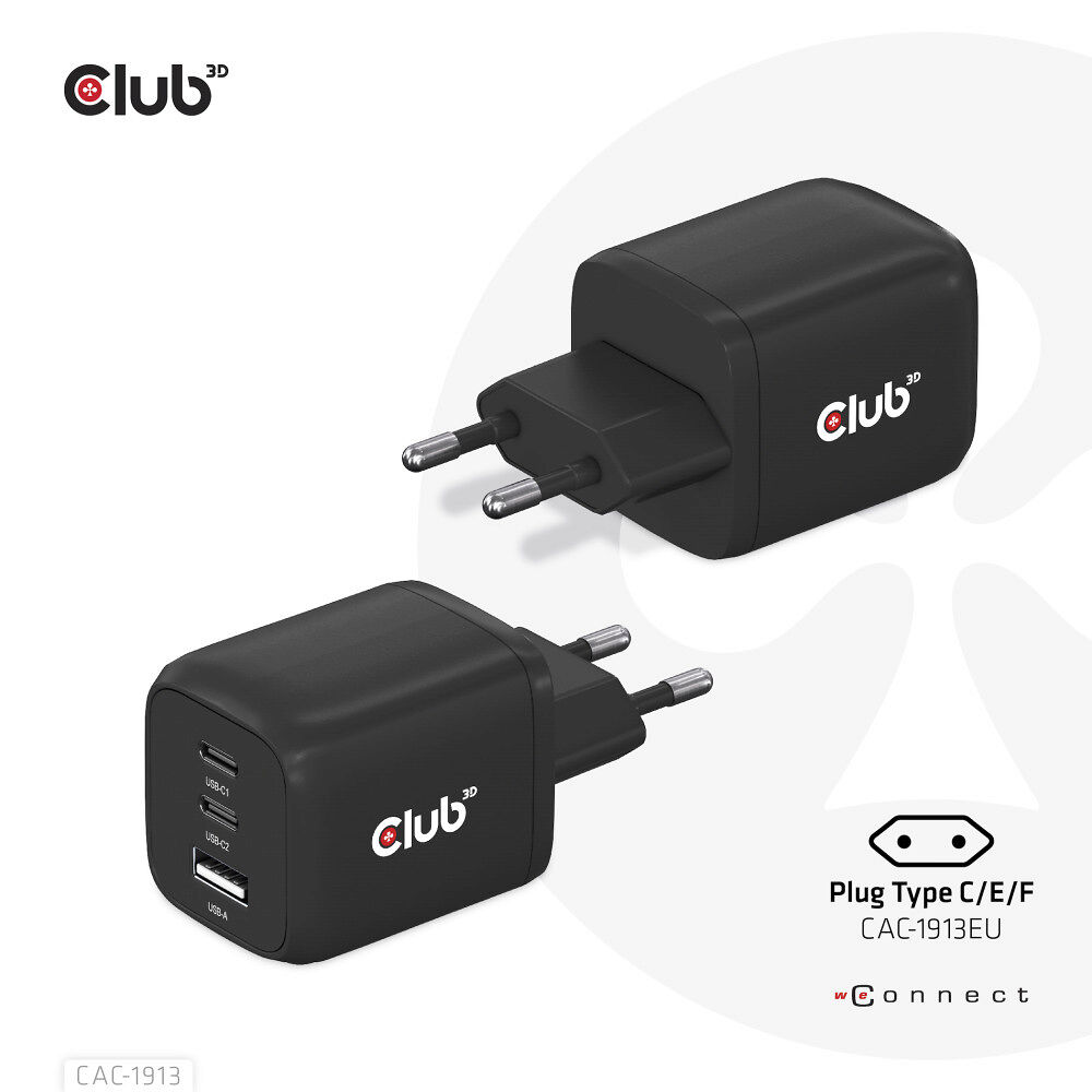 Club 3D Club 3D CAC-1913 strömadapter - GaN-teknik, tre portar - USB typ A, 2 x USB-C - 65 Watt