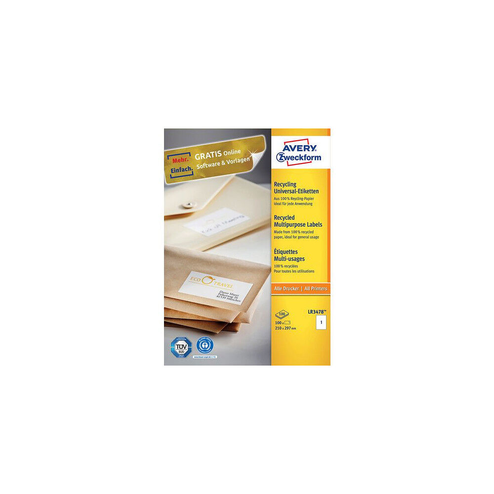 AVERY Etikett AVERY återvunnen 210x297 100/fp