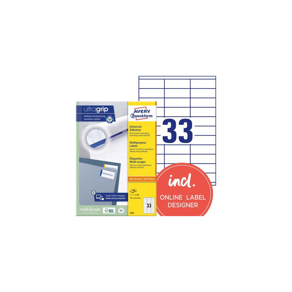 AVERY Etikett AVERY UG 70x25,4mm 3300/fp