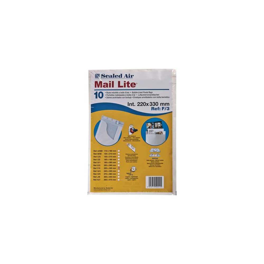 MAIL LITE Bubbelpåse F3 220x330mm vit 10/fp