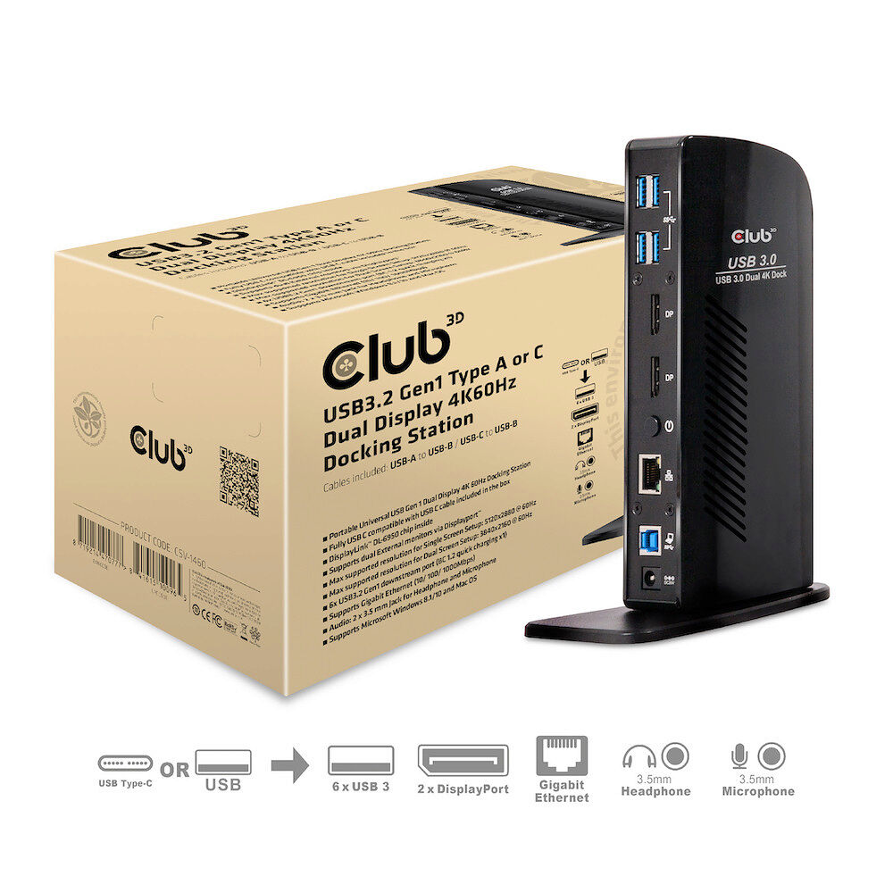 Club 3D Club 3D SenseVision USB 3.0 Dual Display 4K60Hz Docking Station - dockningsstation - USB - DP - 1GbE