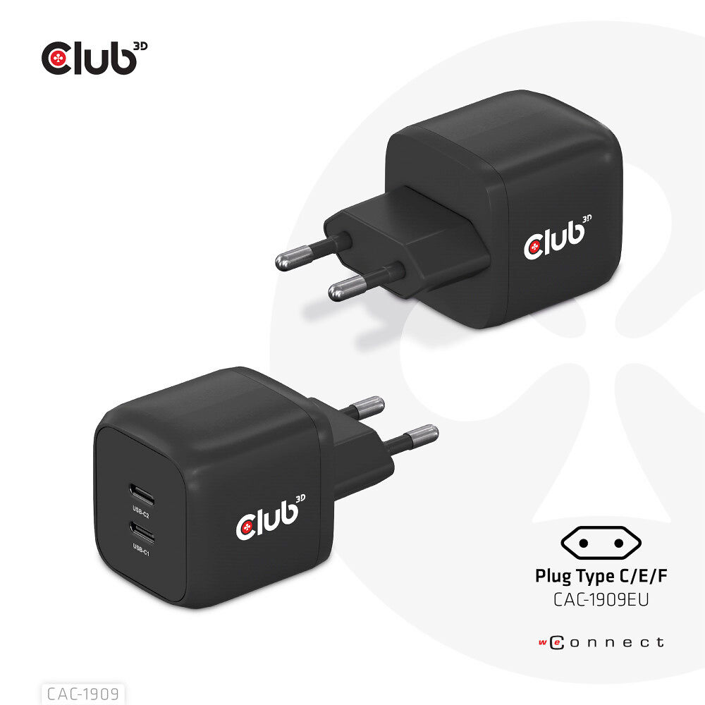 Club 3D Club 3D CAC-1909 strömadapter - PPS- och GaN-teknik - 2 x USB-C - 45 Watt