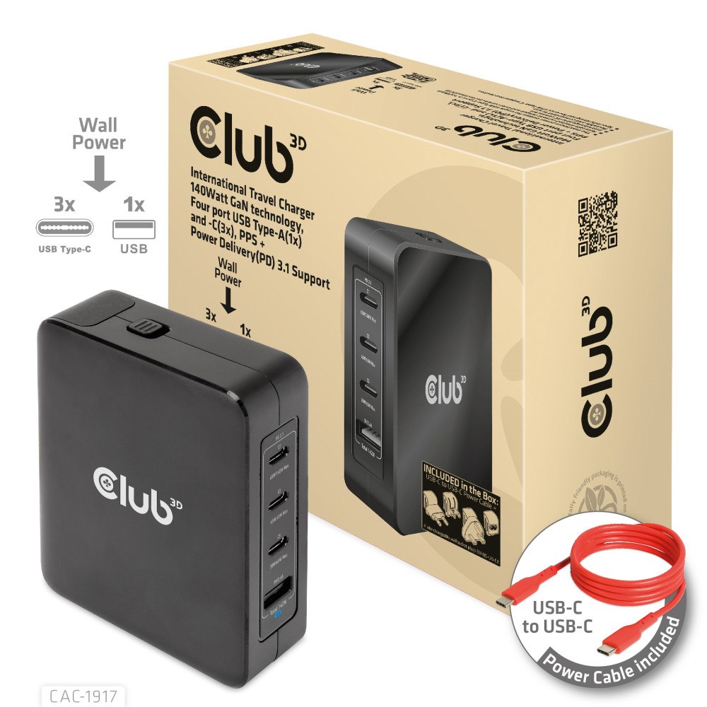 Club 3D Club 3D CAC-1917 strömadapter - GaN-teknik - USB, 3 x USB-C - 140 Watt
