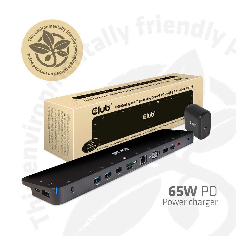 Club 3D Club 3D Triple Display Dynamic PD Charging Dock - dockningsstation - USB-C - VGA, HDMI, DP - 1GbE