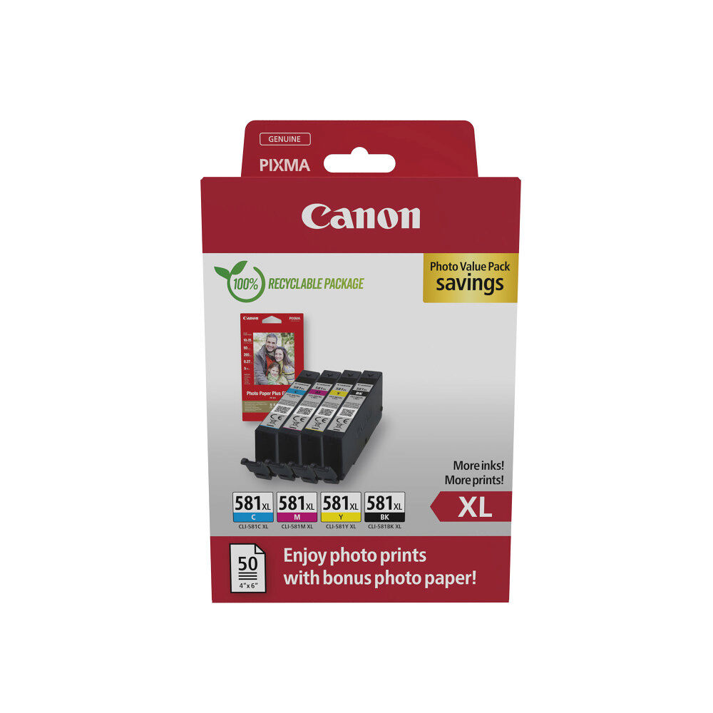 CANON Canon CLI-581XL C/M/Y/BK Photo Value Pack - 4-pack - XL - svart, gul, cyan, magenta - original - bläckbehållare / papper...