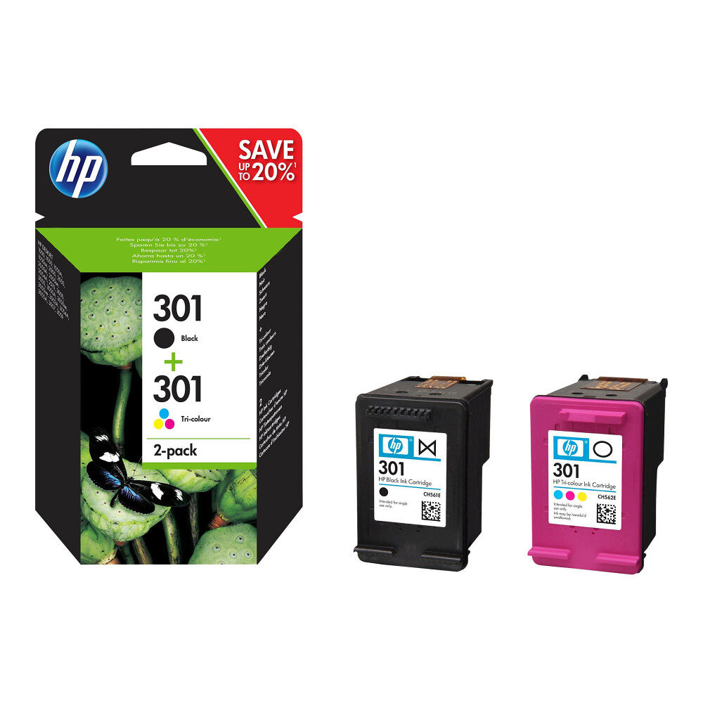 Hewlett-Packard HP 301 - 2-pack - svart, färg (cyan, magenta, gul) - original - bläckpatron