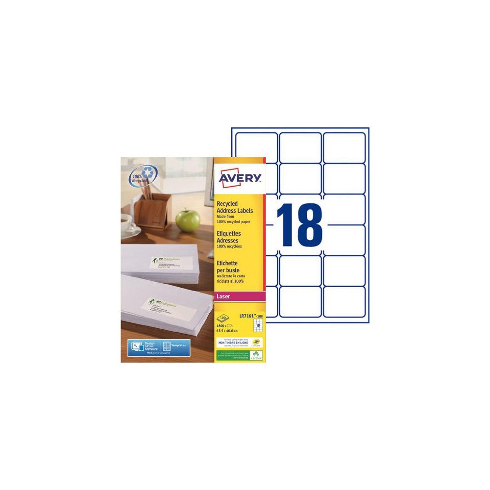AVERY Etikett AVERY återv. 63,5x46,6mm 1800/fp