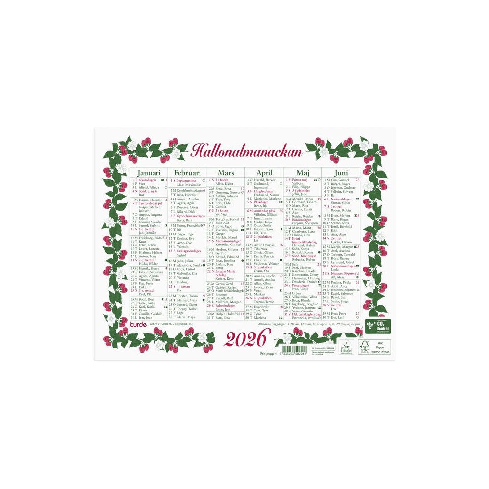 Burde Väggkalender Lilla Hallonalmanackan 2026
