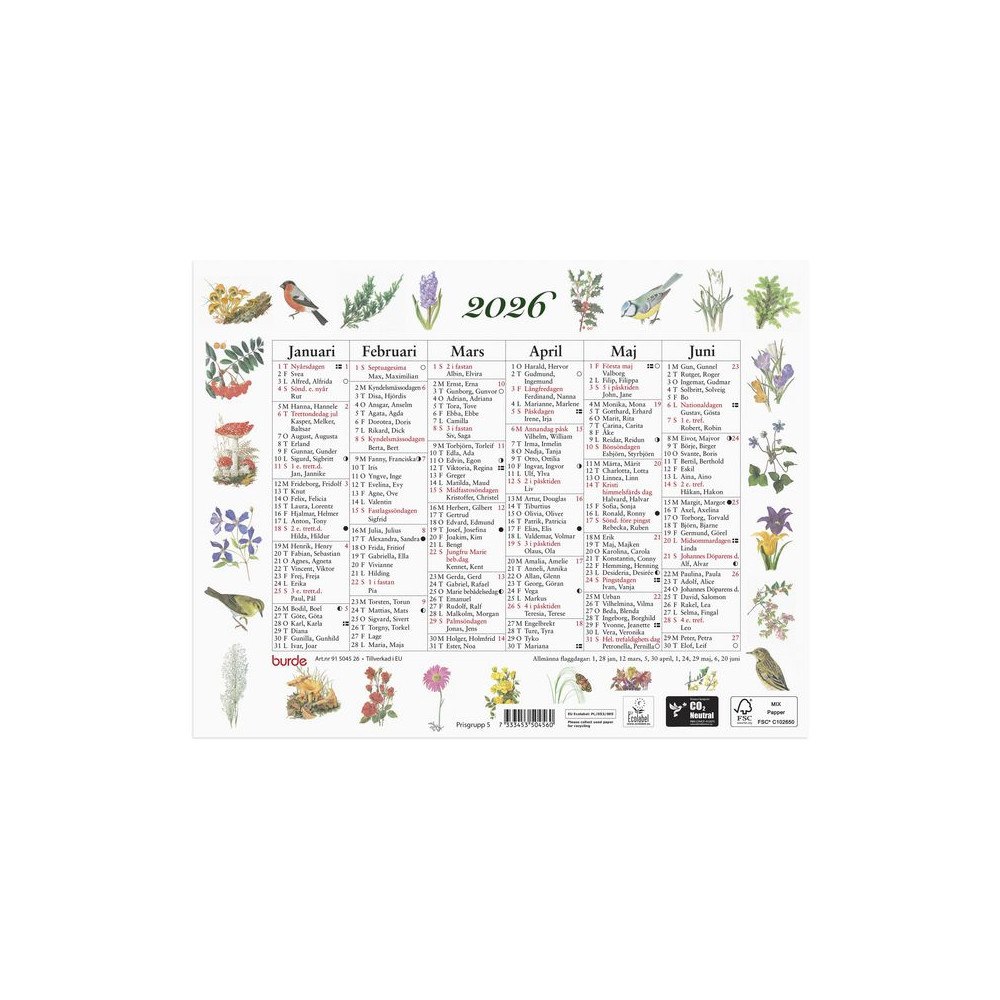 Burde Väggkalender Lilla Naturalmanackan 2026