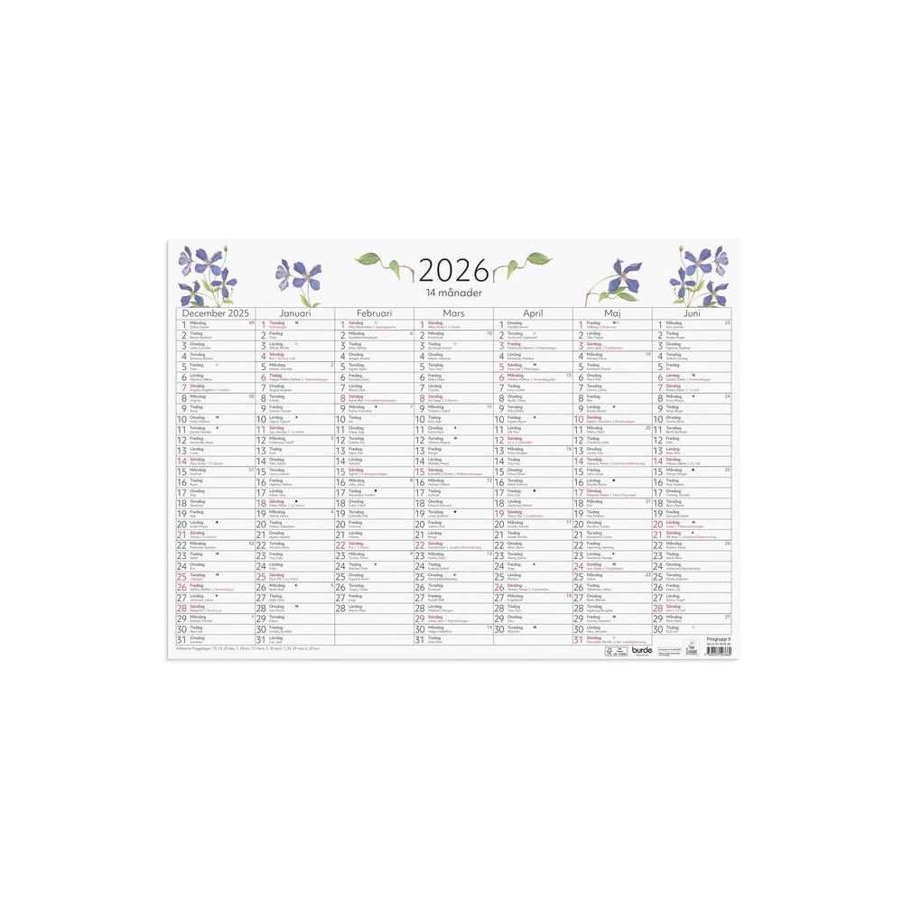 Burde Väggblad 14-månader 2026