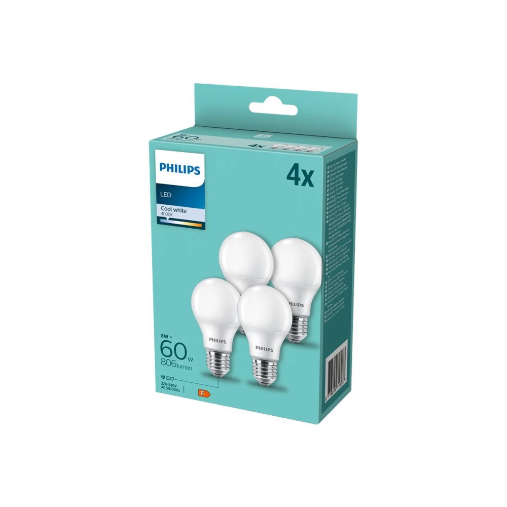 Philips Philips - LED-glödlampa - form: A60 - glaserad finish - E27 - 8 W - svalt vitt ljus - 4000 K (paket om 4)