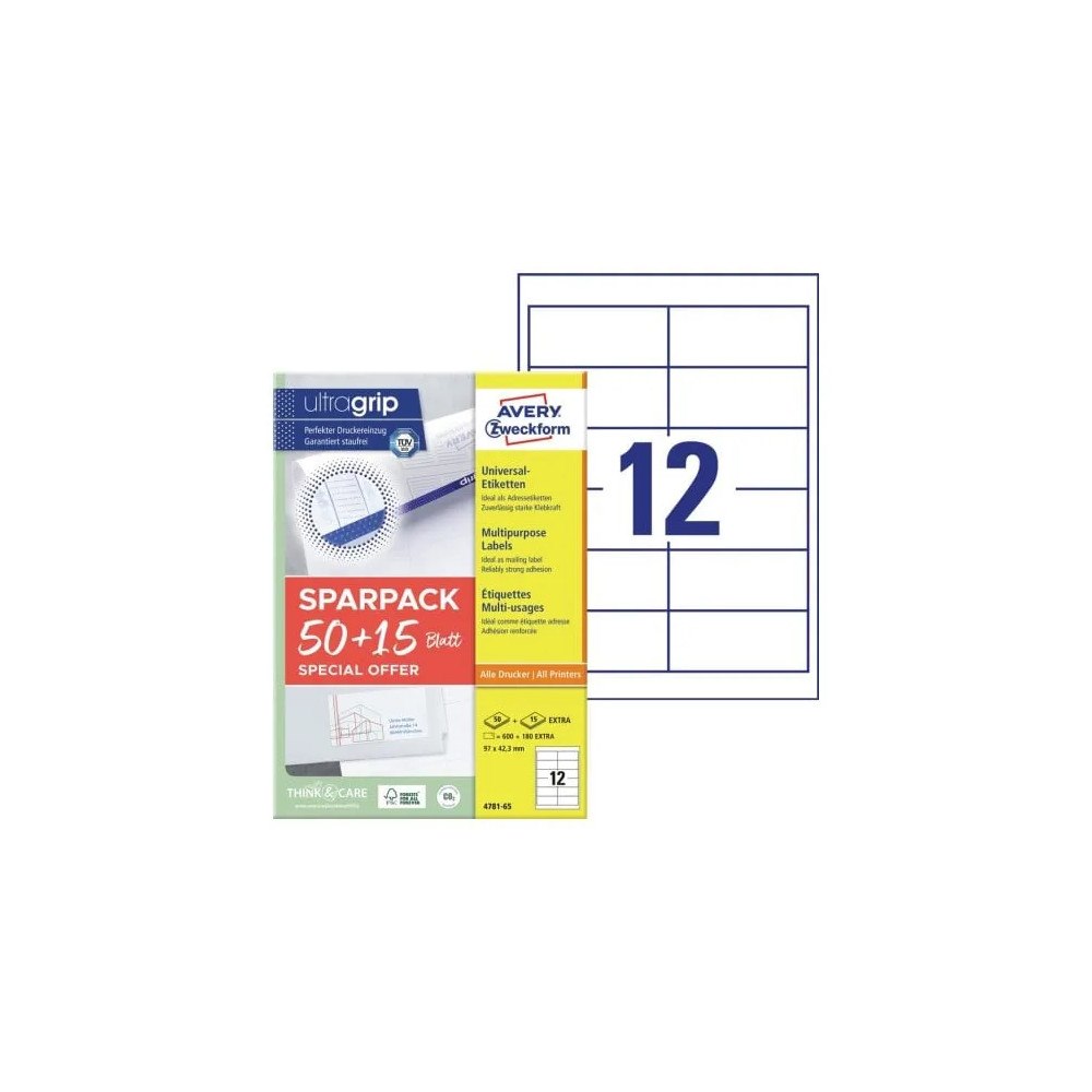 AVERY Universaletiketter Avery 97x42,3 mm, hvid med Ultragrip + 30...