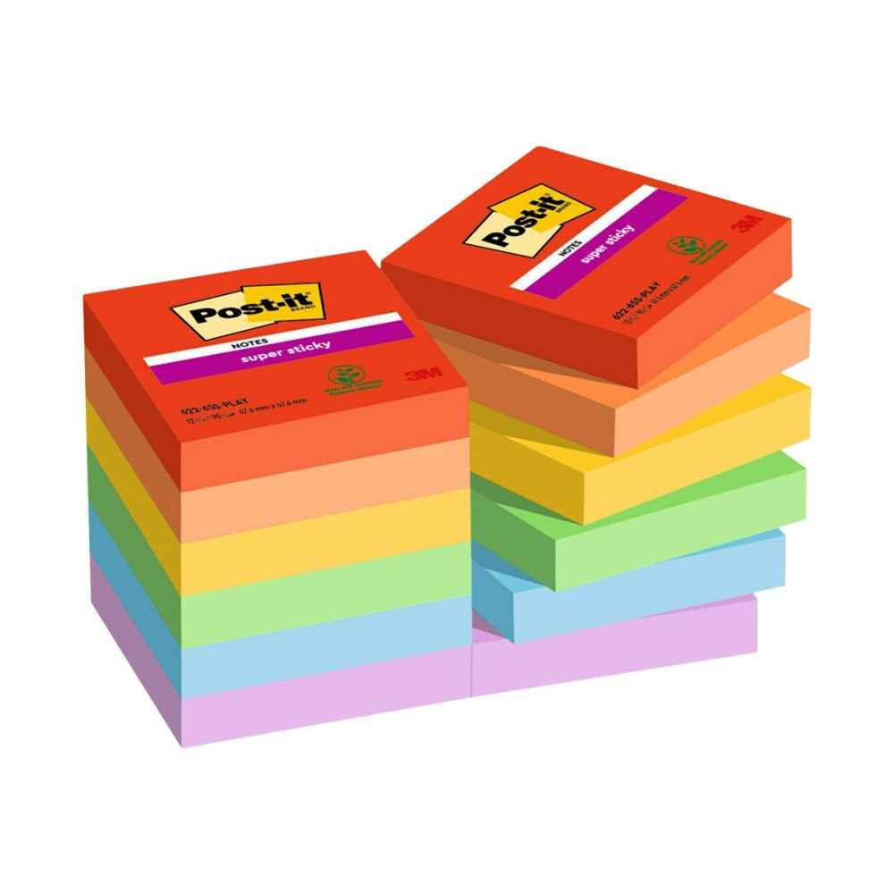 3M Post-it Super Sticky 622-12SS-PLAY - anteckningar - 47.6 x 47.6 mm - 1080 ark (12 x 90)