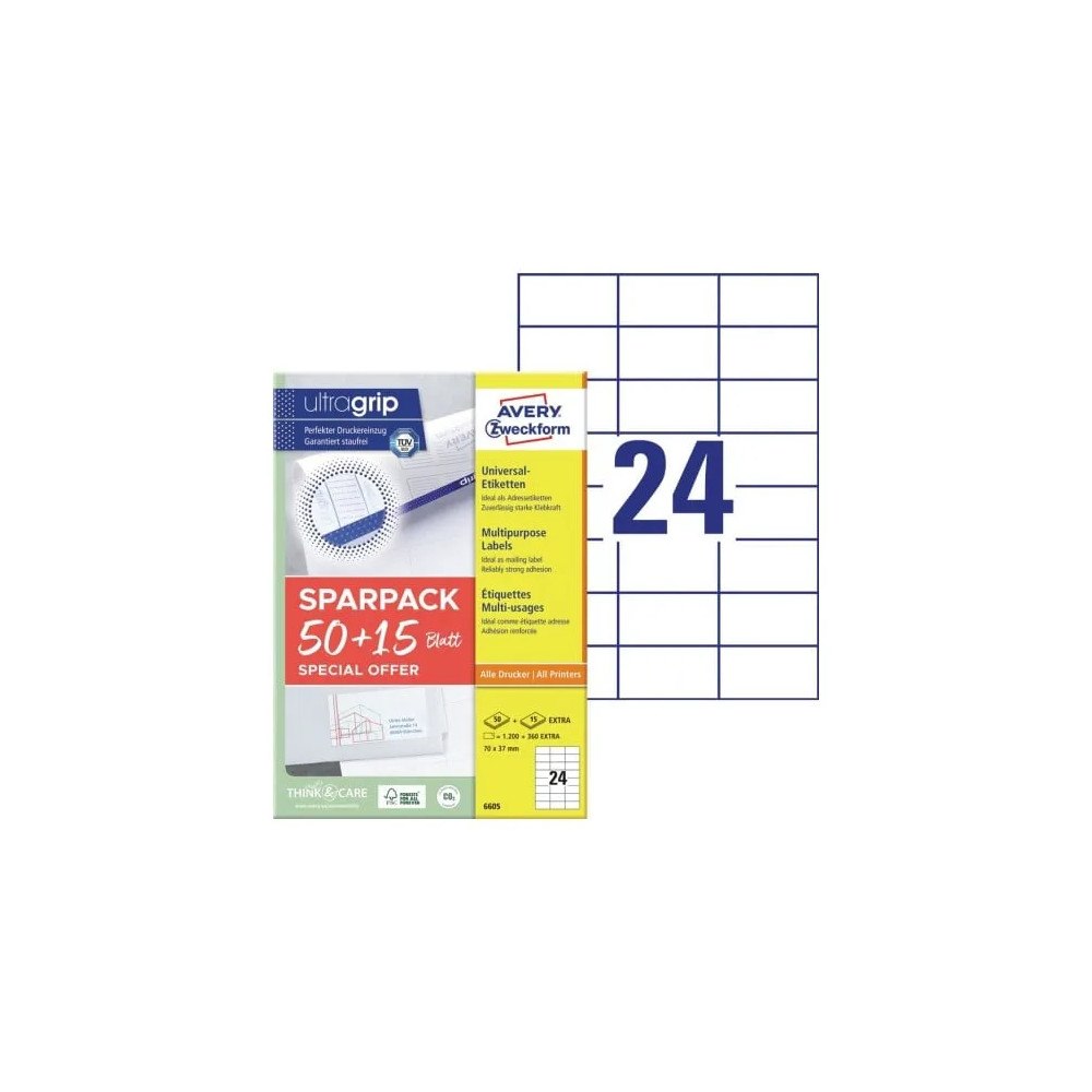 AVERY Universaletiketter Avery 70x37 mm, hvid med Ultragrip + 30%...