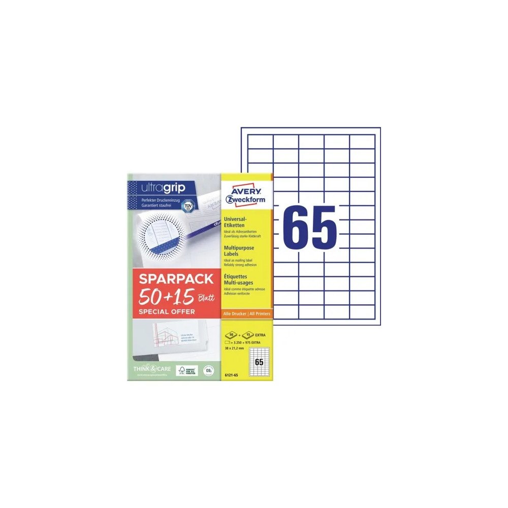 AVERY Universaletiketter Avery 38x21,2 mm, hvid med Ultragrip + 30...