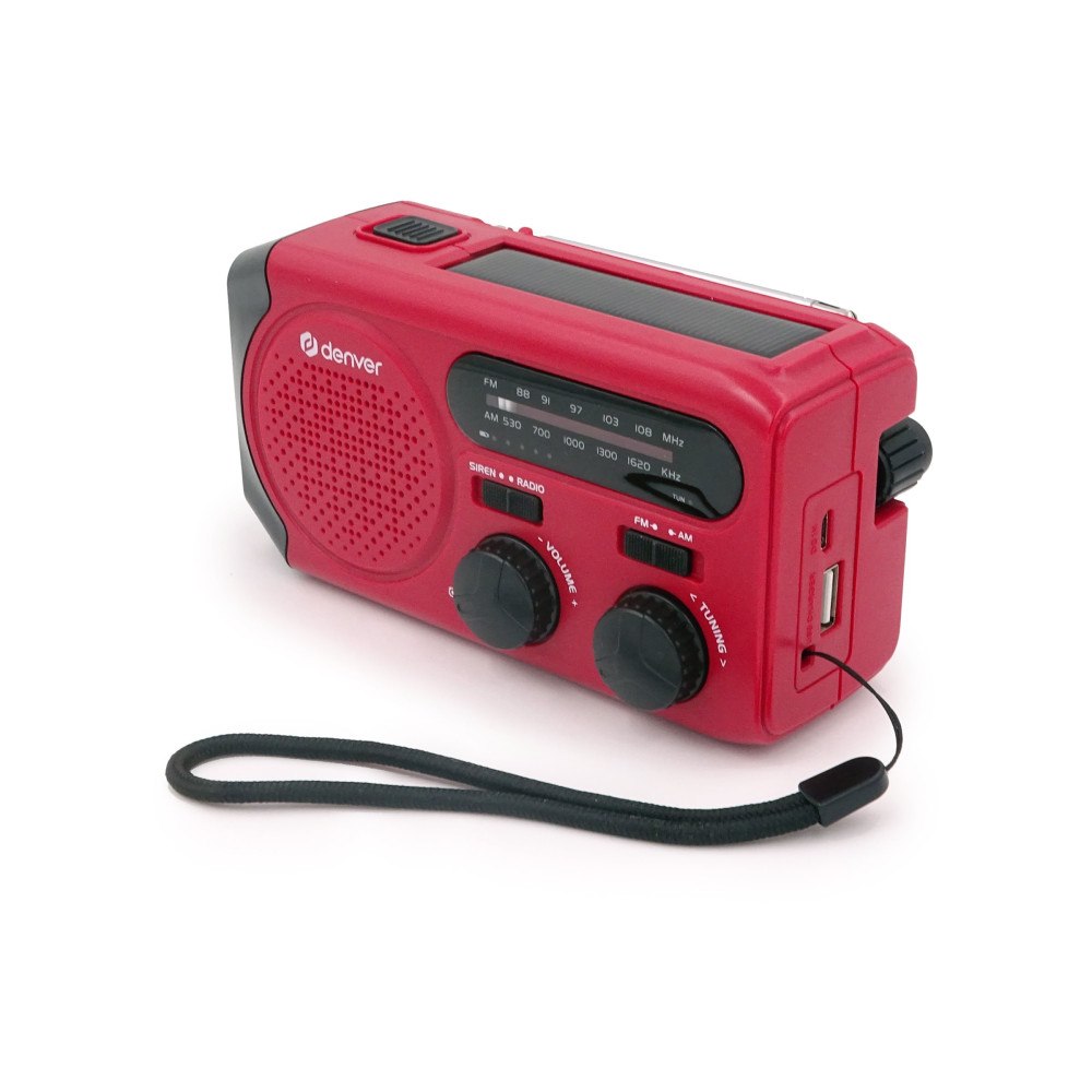 Denver Vevradio med Solceller, LED Ficklampa och 2000mAh Powerbank SOS