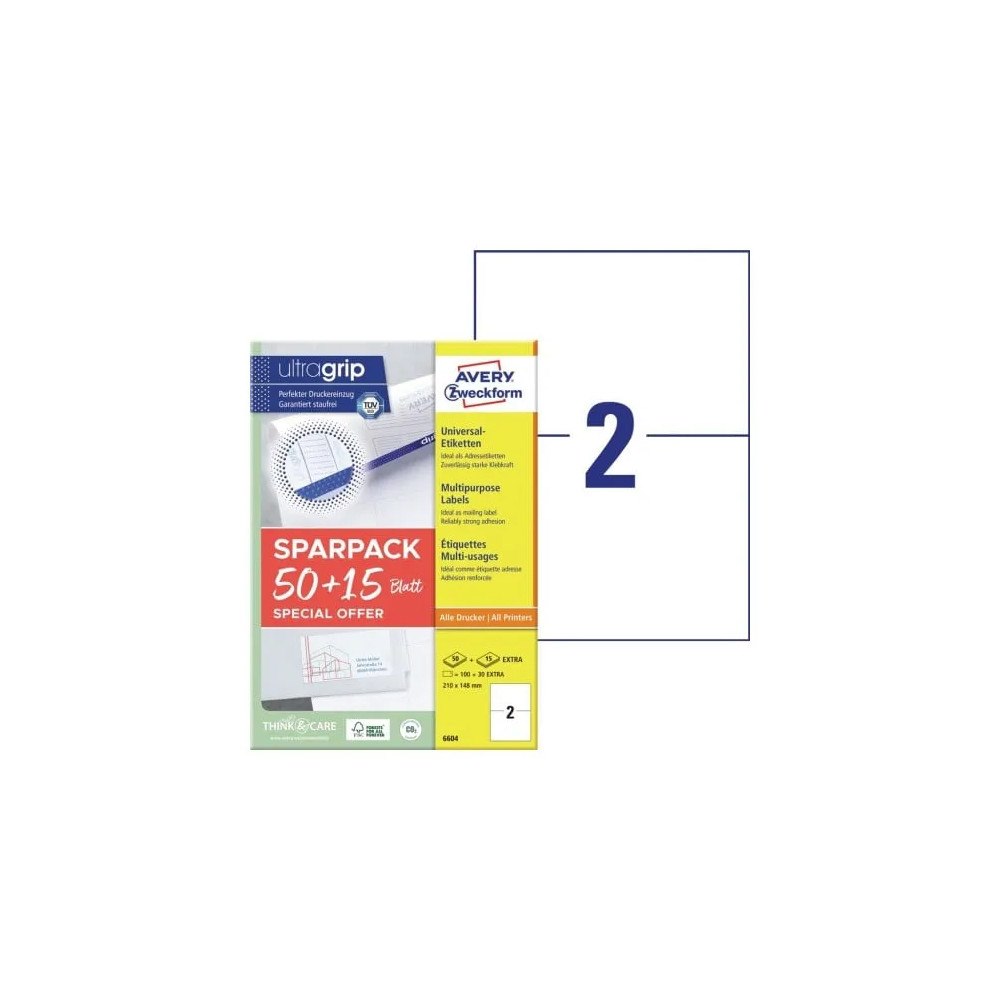AVERY Universaletiketter Avery 210x148 mm, hvid med Ultragrip + 30...