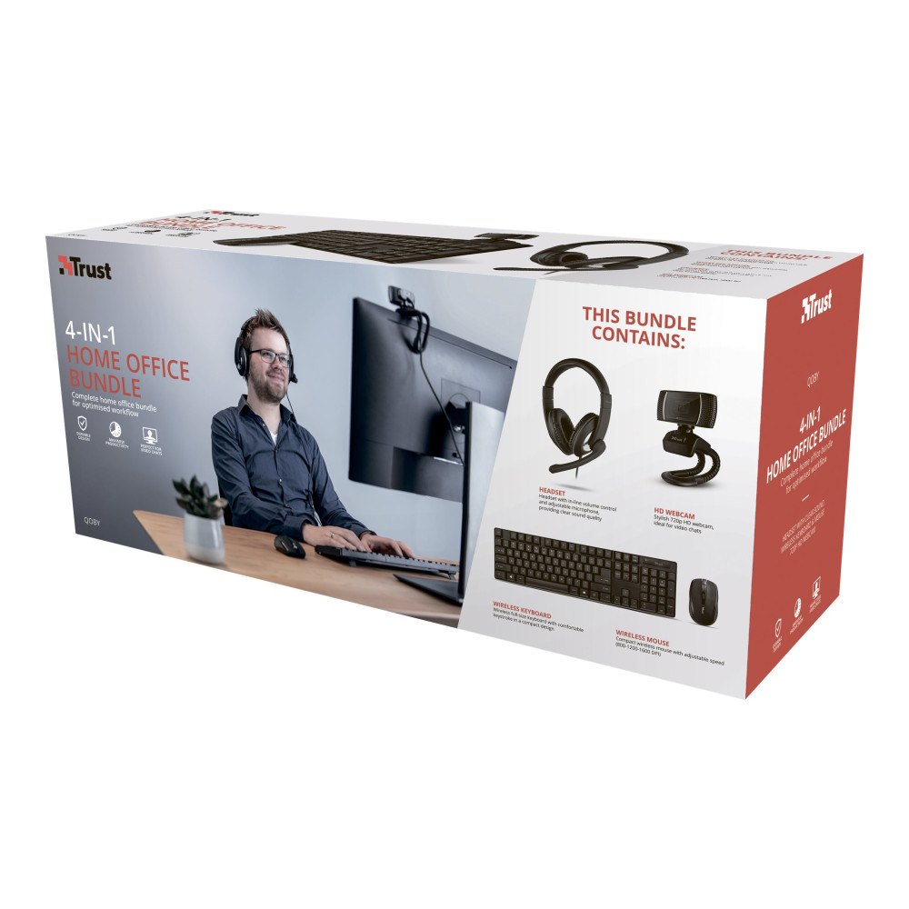 Trust Computer Products Trust Qoby 4-in-1 Home Office Set - uppsättning med tangentbord, mus, headset och webbkamera - Nordisk Inmatningsenhet