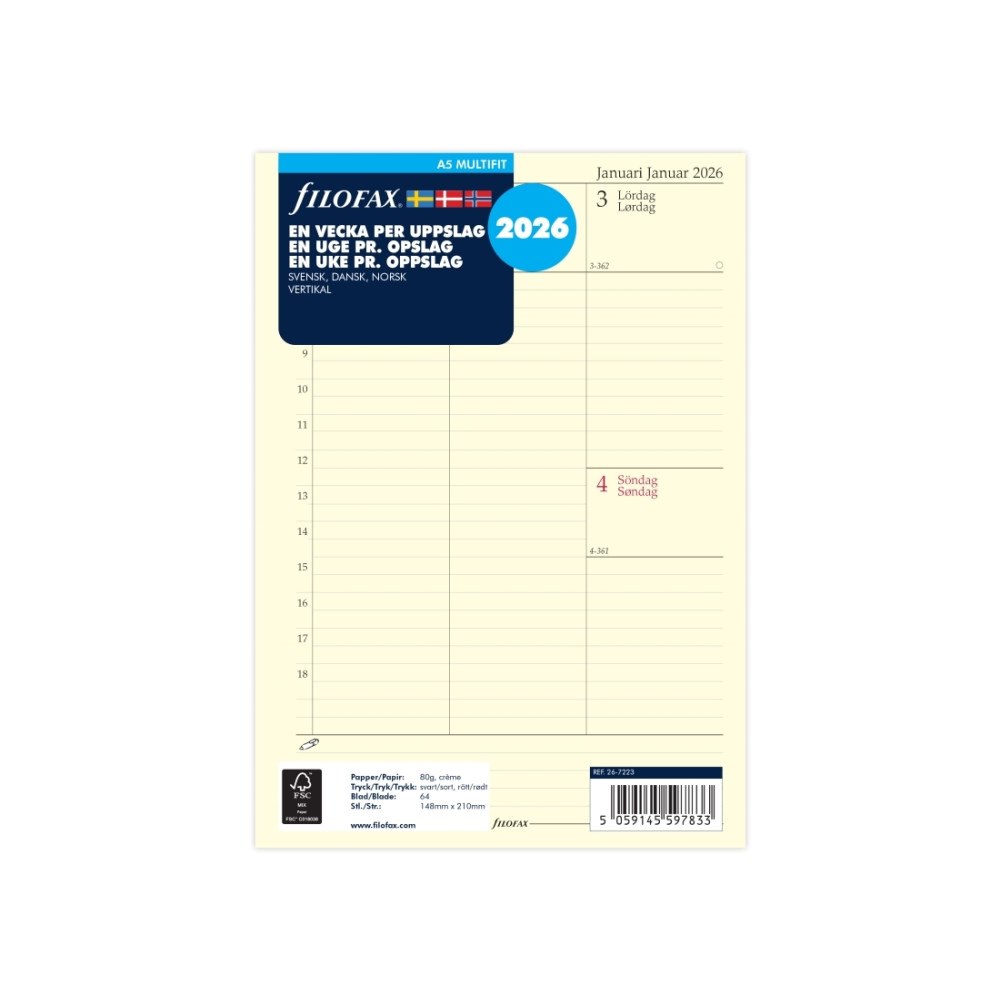 Filofax Refill A5 2026 Vecka Per Uppslag Vertikal Svenska/Danska/Nor...