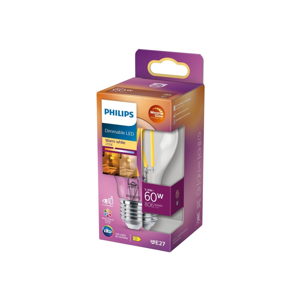 Philips Philips - LED-glödlampa med filament - form: A60 - klar finish - E27 - 5.9 W - varmt vitt ljus - 2200-2700 K