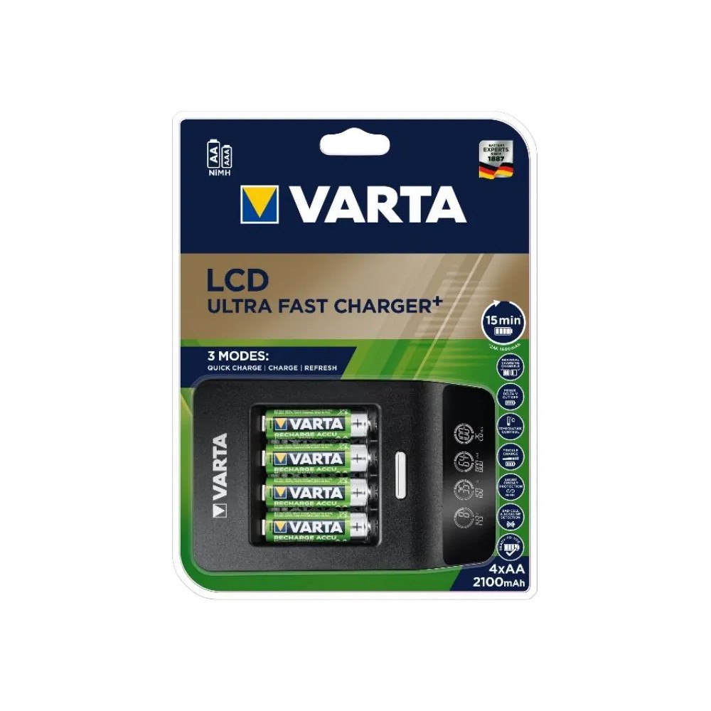 Varta Varta LCD ULTRA FAST CHARGER+ batteriladdare - + växelströmsadapter + bilströmsadapter - 4 x AA-typ - NiMH