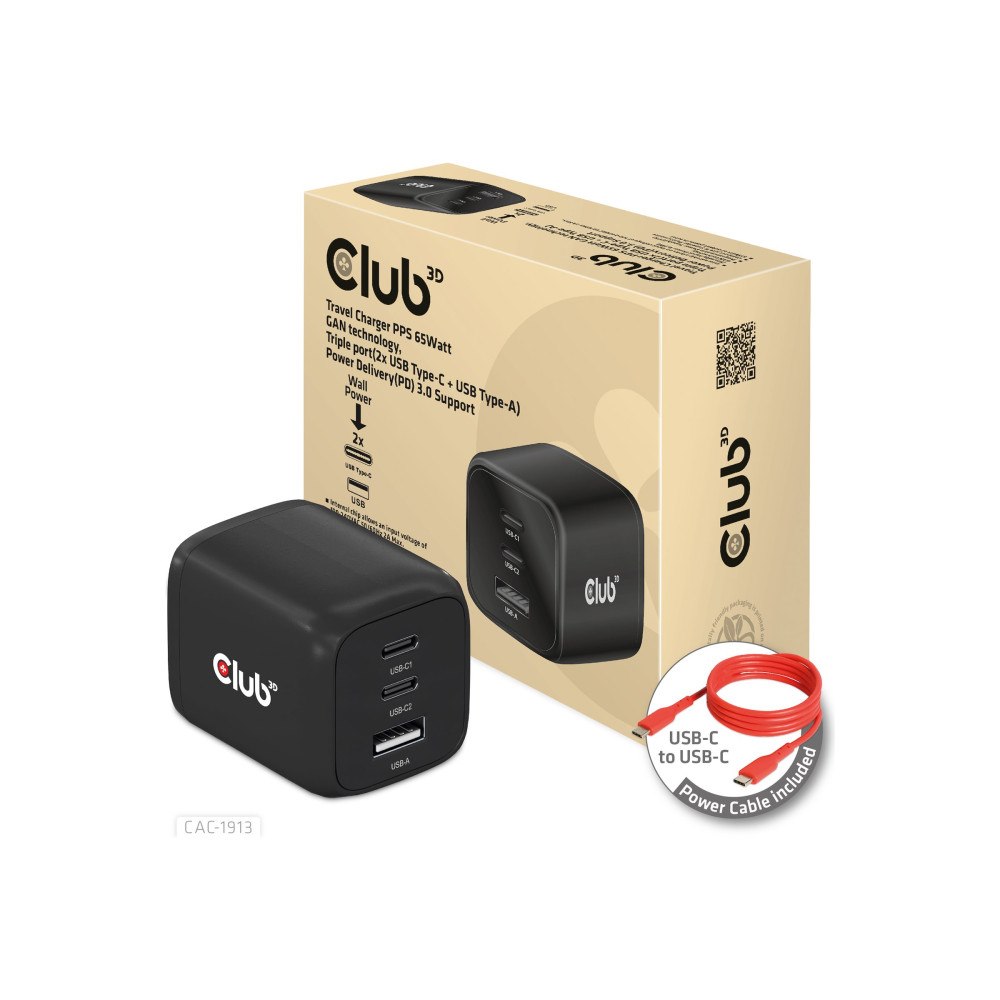 Club-3d Club 3D CAC-1913 strömadapter - GaN-teknik, tre portar - USB typ A, 2 x USB-C - 65 watt