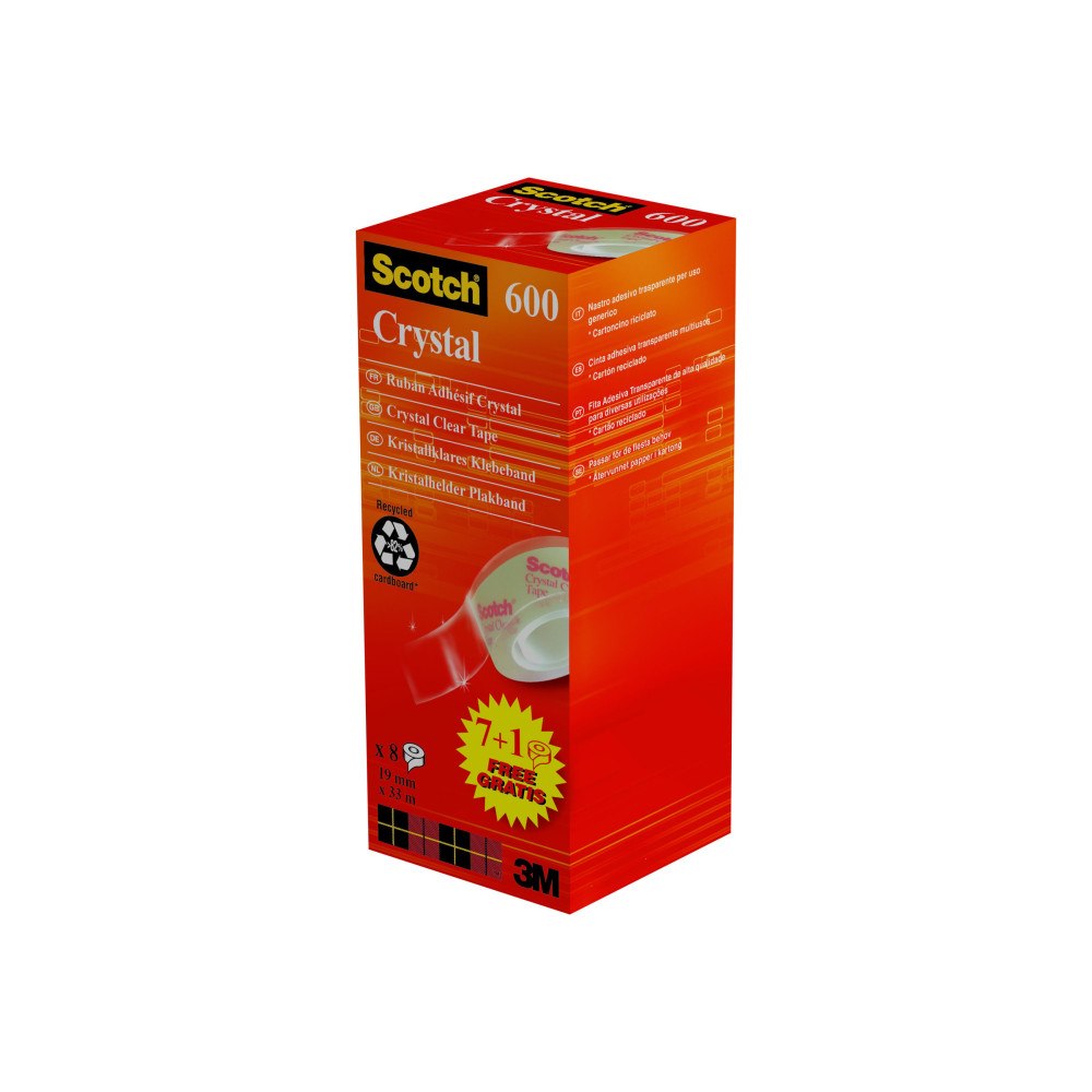 3M Scotch Crystal 600 kontorstejp (8 rullar) - 19 mm x 33 m - kristallklar