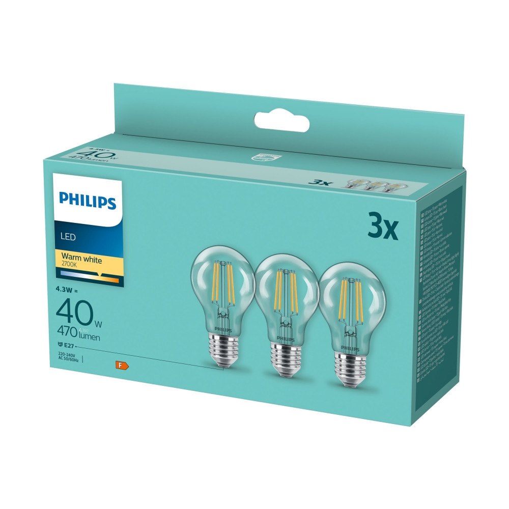 Philips Philips - LED-glödlampa med filament - form: A60 - klar finish - E27 - 4.3 W - varmt vitt ljus - 2700 K (paket om 3)