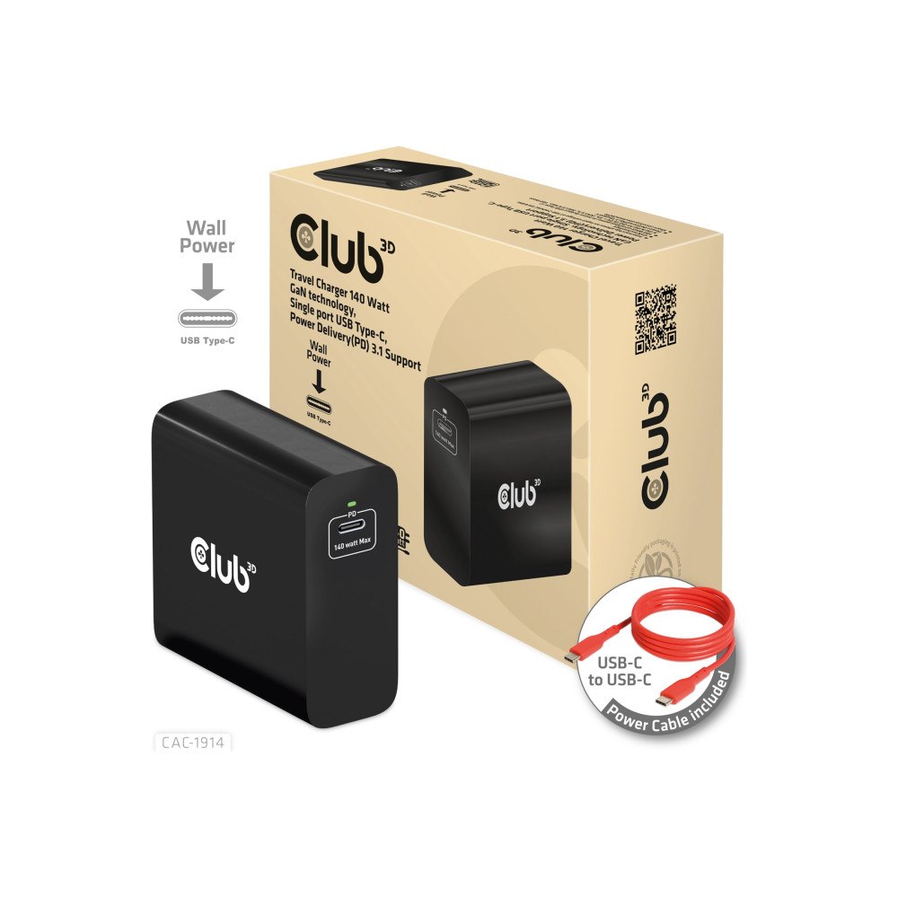 Club 3D Club 3D CAC-1914 strömadapter - GaN technology, single port - 24 pin USB-C - 140 Watt