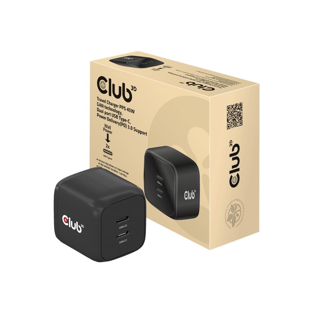 Club-3d Club 3D CAC-1909 strömadapter - PPS- och GaN-teknik - 2 x USB-C - 45 Watt