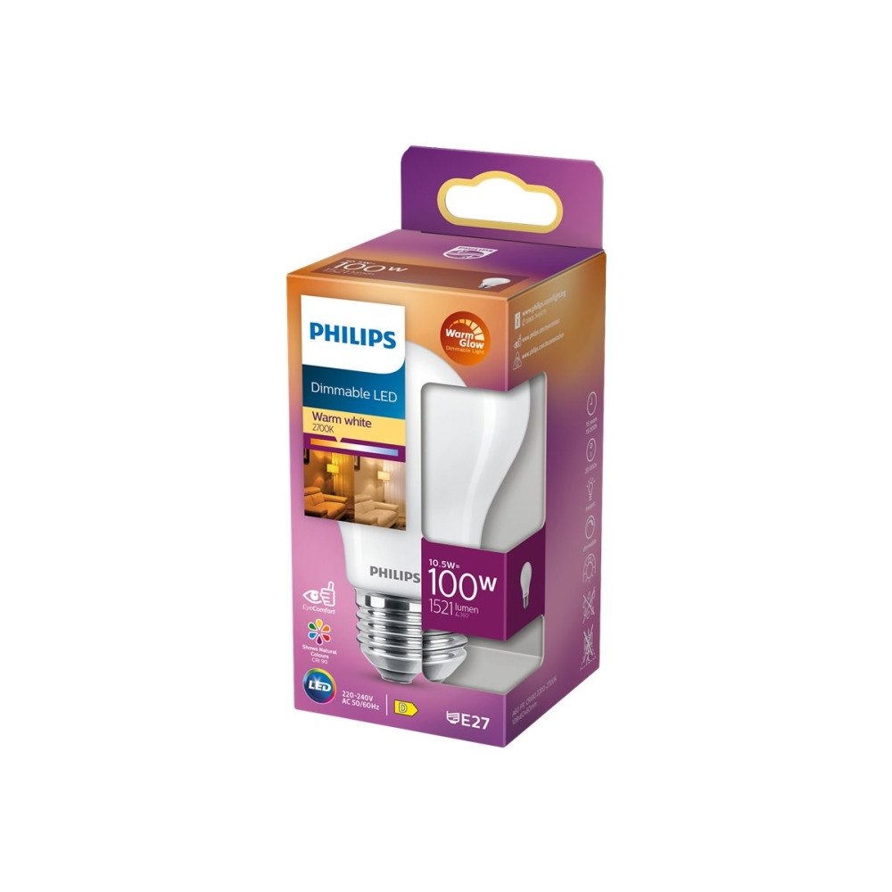 Philips Philips LED Classic - LED-glödlampa - form: A60 - glaserad finish - E27 - 10.5 W - varmt ljus - 2200-2700 K