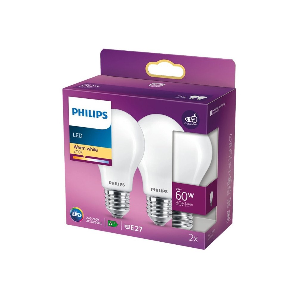 Philips Philips - LED-glödlampa - form: A60 - glaserad finish - E27 - 7 W - varmt vitt ljus - 2700 K