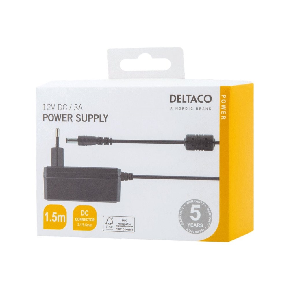 Deltaco DELTACO PS12-30B - strömadapter - 1,5 m, 12V DC, 3A, 50/60Hz - 36 Watt