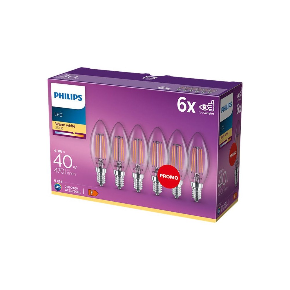 Philips Philips - LED-glödlampa med filament - form: B35 - klar finish - E14 - 4 W - varmt vitt ljus - 2700 K (paket om 6)