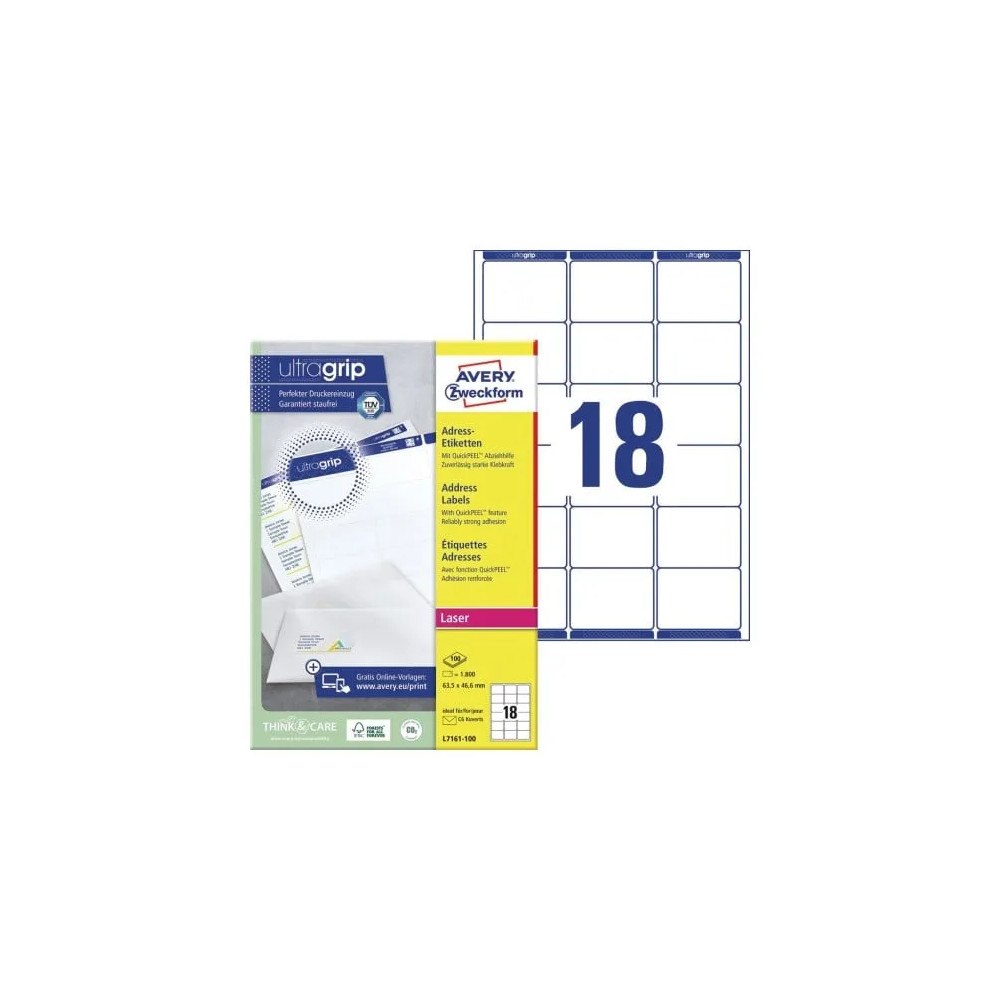 AVERY Adresseetiketter, Avery L7161-100, 63,5 x 46,6 mm, 18 pr. ar...