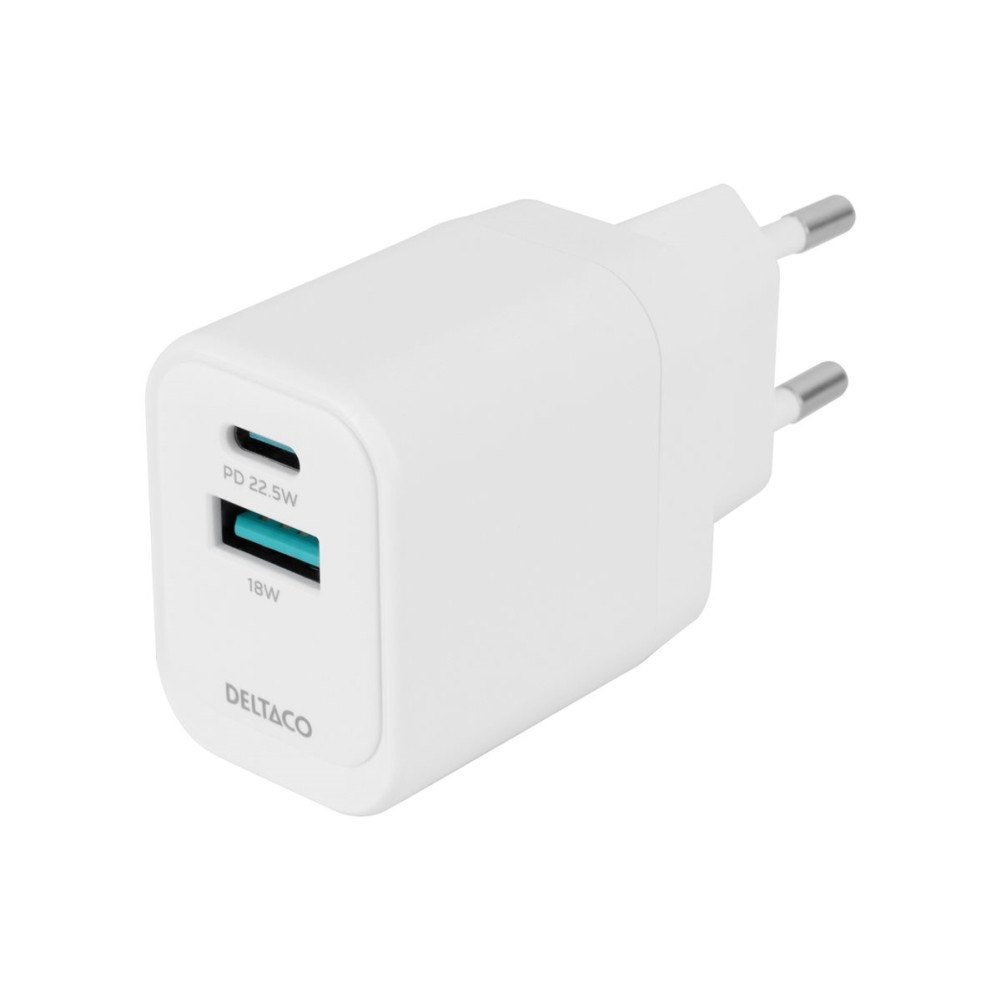 Deltaco USB-väggladdare DELTACO, 1x USB-A 18 W, 1x USB-C PD 20 W, vi...