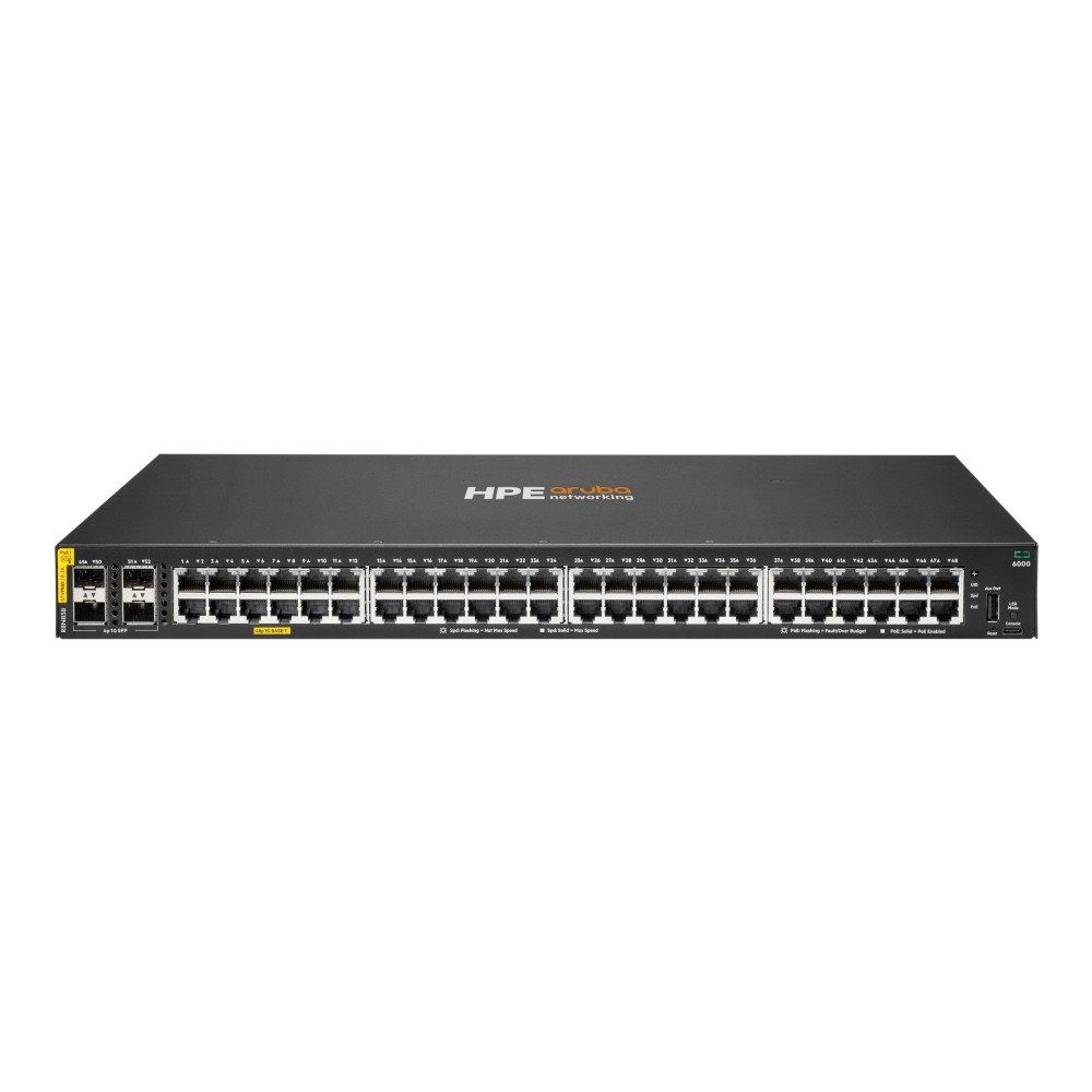 HP HPE Aruba Networking CX 6000 48p 10M/100M/1G Class4 PoE 4p SFP 1G 370W Switch - switch - 48 portar - Administrerad - rac...