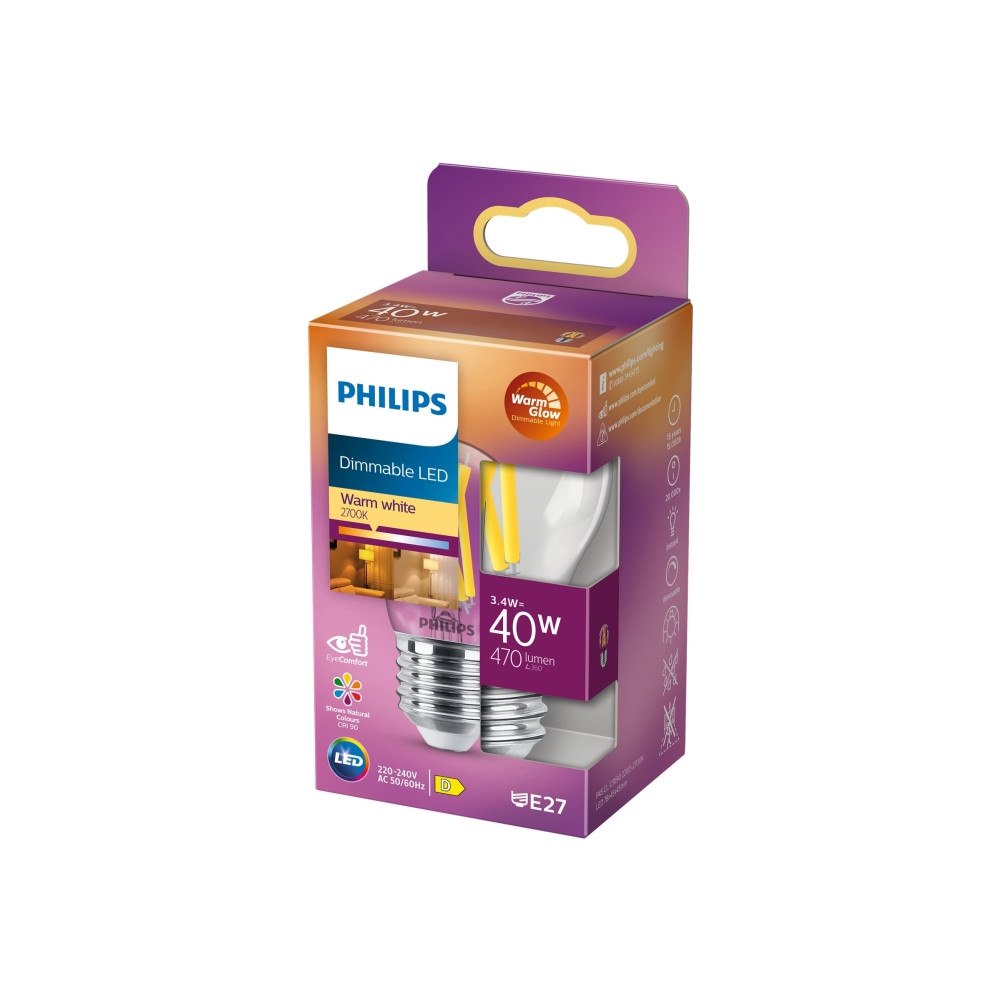 Philips Philips - LED-glödlampa med filament - form: P45 - klar finish - E27 - 3.4 W - varmt vitt ljus - 2200-2700 K