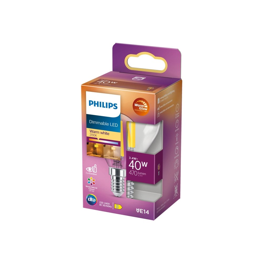 Philips Philips - LED-glödlampa med filament - form: P45 - klar finish - E14 - 3.4 W - varmt vitt ljus - 2200-2700 K