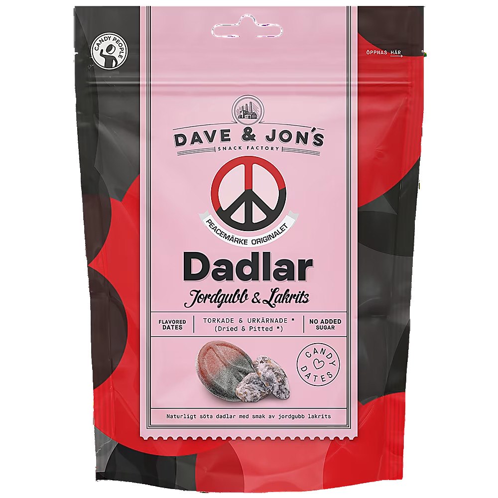 DAVE & JON'S Dadlar Peacemärke Jordgubb Lakrits 125g