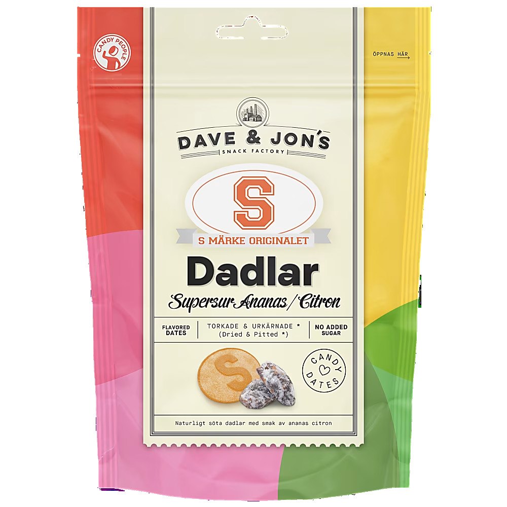 DAVE & JON'S Dadlar S-märke Supersur Ananas Citron 125g