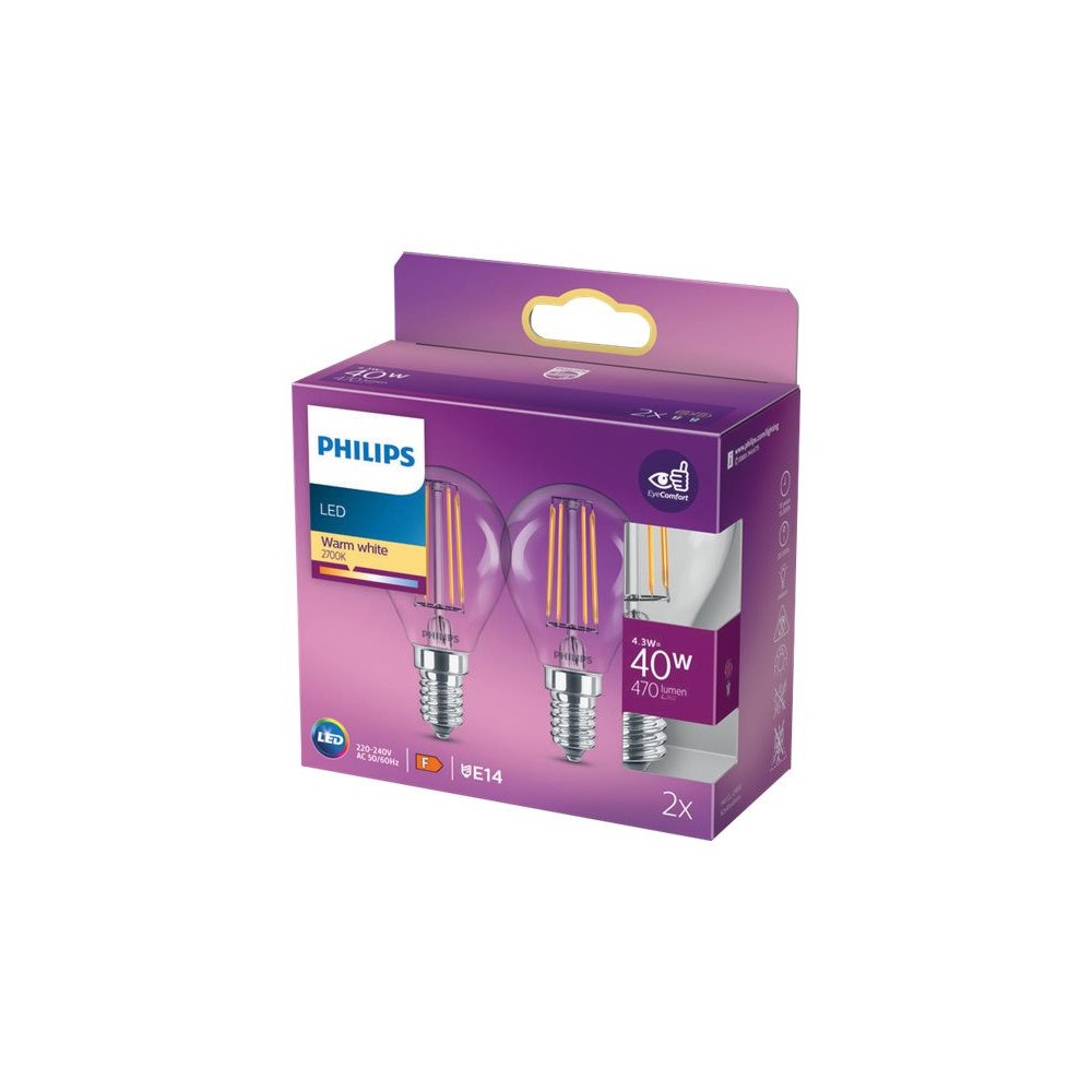 Philips Philips - LED-glödlampa med filament - form: P45 - klar finish - E14 - 4.3 W - varmt vitt ljus - 2700 K (paket om 2)