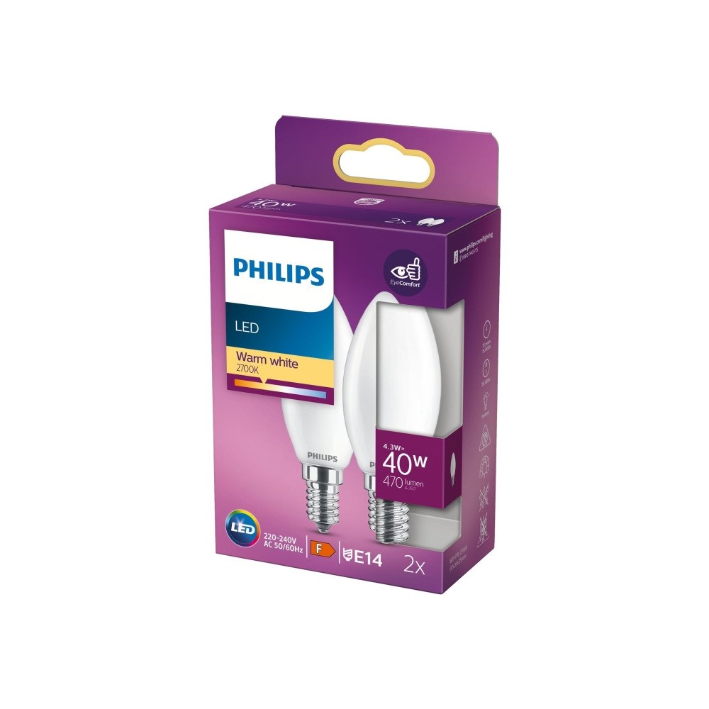 Philips Philips - LED-glödlampa - form: B35 - glaserad finish - E14 - 4.3 W - varmt vitt ljus - 2700 K (paket om 2)