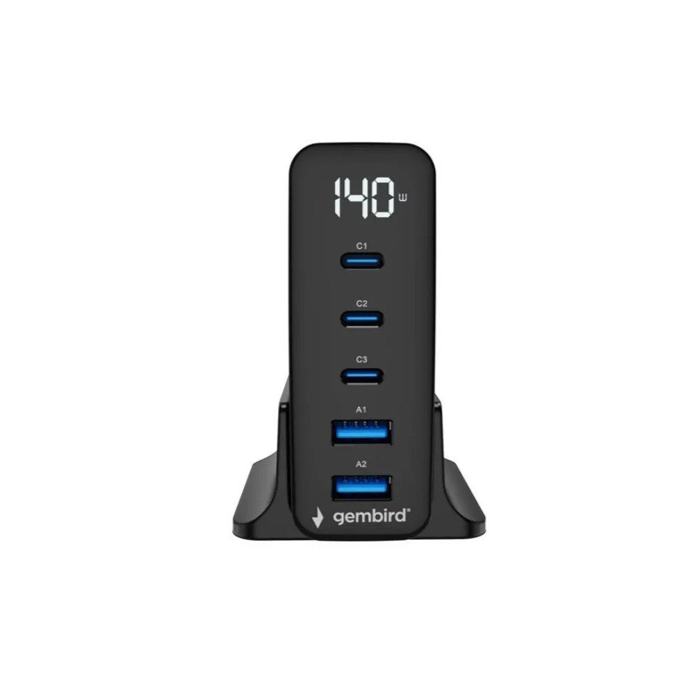 Gembird Gembird strömadapter - GaN - 3 x USB-C, 2 x USB - 140 watt