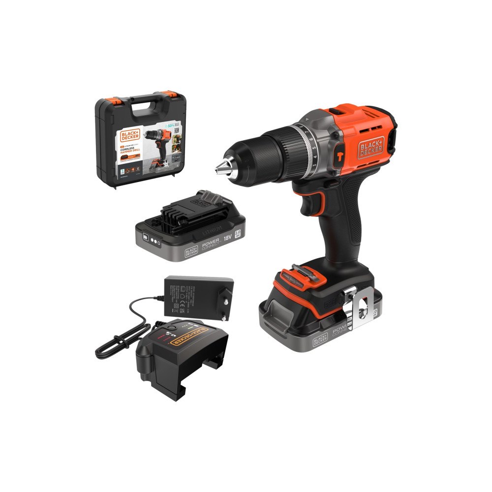 Black & Decker BLACK+DECKER slagborrmaskin/skruvdragare - sladdlös - 2 batterier, laddare medföljer