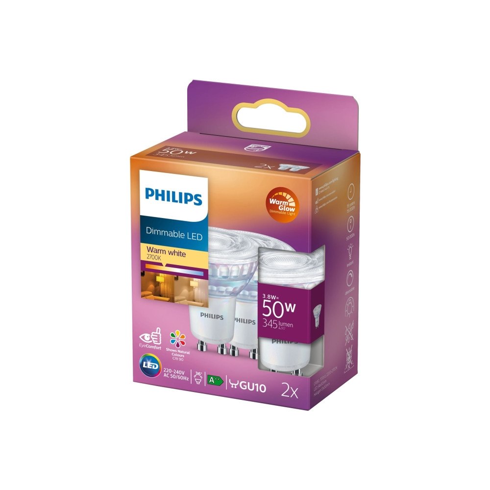 Philips Philips - LED-spotlight - GU10 - 3.8 W - varmt vitt ljus - 2200-2700 K (paket om 2)