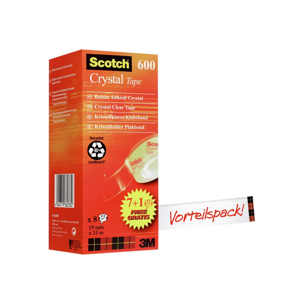 3M Scotch Crystal 600 kontorstejp - 19 mm x 33 m - klar (paket om 8)