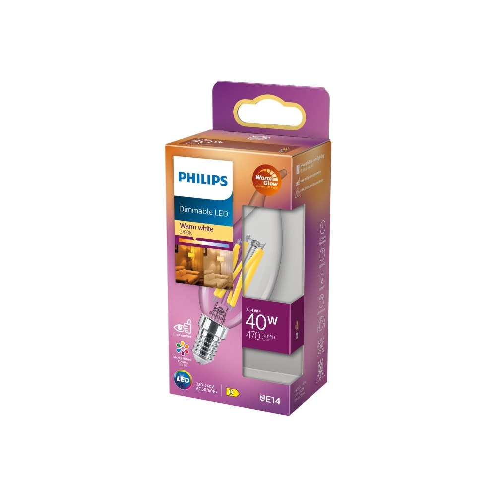 Philips Philips - LED-glödlampa med filament - form: BA35 - klar finish - E14 - 3.4 W - varmt vitt ljus - 2200-2700 K