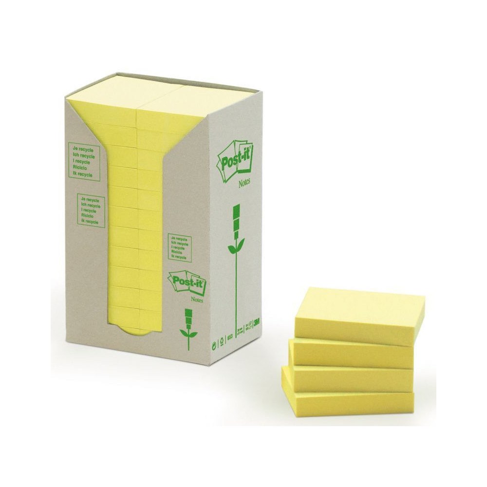 Post-it Notesblokke, Post-it Recycled Notes, genanvendt, gul, pakke...